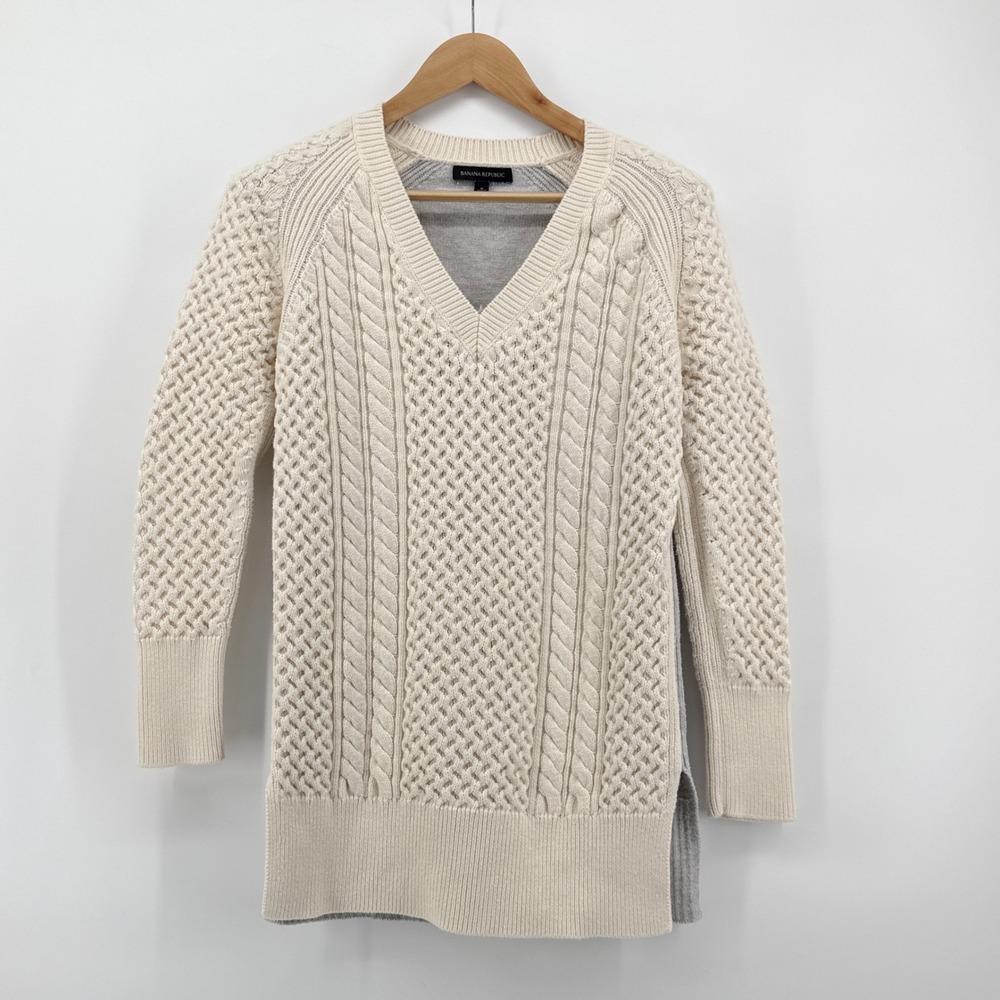 Banana Republic Deep Vee Cable Knit Tunic Sweater Caribbean Sand Size Small
